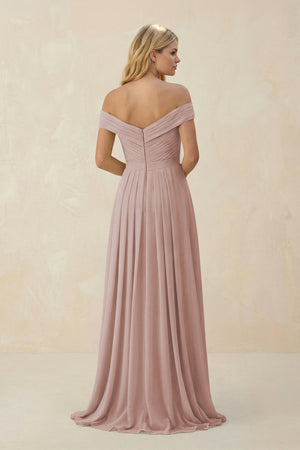 Off - the - Shoulder Pleated A - Line Chiffon Bridesmaid Dress in Toffee - KissProm Bridesmaid Dresses