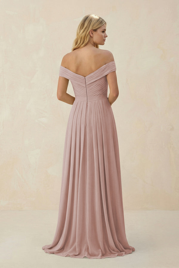 Off - the - Shoulder Pleated A - Line Chiffon Bridesmaid Dress in Toffee - KissProm Bridesmaid Dresses