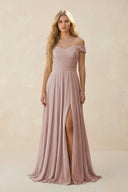 Off - the - Shoulder Pleated A - Line Chiffon Bridesmaid Dress in Toffee - KissProm Bridesmaid Dresses
