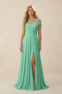 Off - the - Shoulder Pleated A - Line Chiffon Bridesmaid Dress in Turquoise - KissProm Bridesmaid Dresses