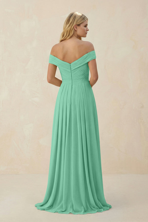 Off - the - Shoulder Pleated A - Line Chiffon Bridesmaid Dress in Turquoise - KissProm Bridesmaid Dresses
