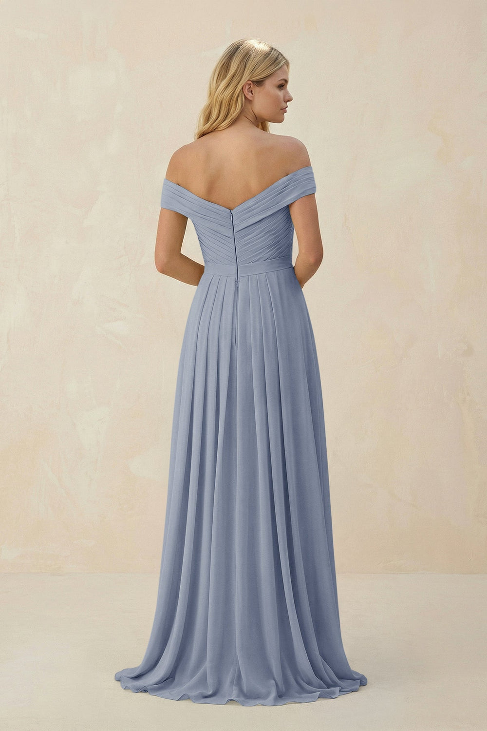 Off - the - Shoulder Pleated A - Line Chiffon Bridesmaid Dress in Twilight - KissProm Bridesmaid Dresses