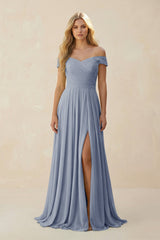 Off - the - Shoulder Pleated A - Line Chiffon Bridesmaid Dress in Twilight - KissProm Bridesmaid Dresses