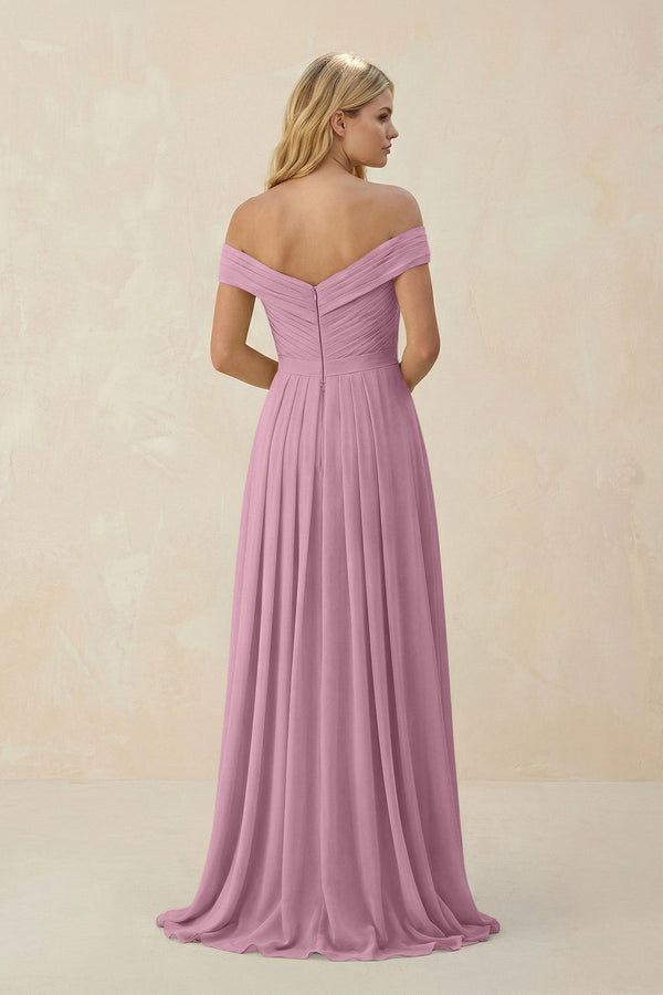 Off - the - Shoulder Pleated A - Line Chiffon Bridesmaid Dress in Vintage Mauve - KissProm Bridesmaid Dresses