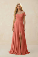 Off - the - Shoulder Pleated A - Line Chiffon Bridesmaid Dress in Wild Rose - KissProm Bridesmaid Dresses