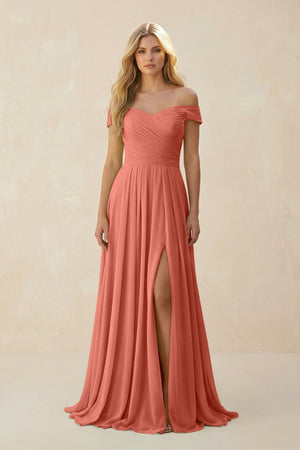 Off - the - Shoulder Pleated A - Line Chiffon Bridesmaid Dress in Wild Rose - KissProm Bridesmaid Dresses