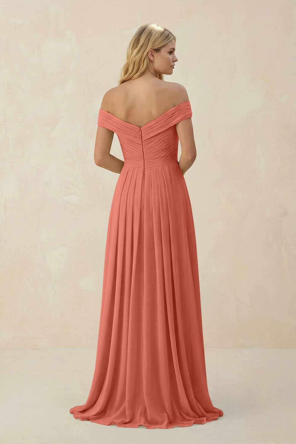 Off - the - Shoulder Pleated A - Line Chiffon Bridesmaid Dress in Wild Rose - KissProm Bridesmaid Dresses