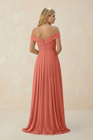 Off - the - Shoulder Pleated A - Line Chiffon Bridesmaid Dress in Wild Rose - KissProm Bridesmaid Dresses