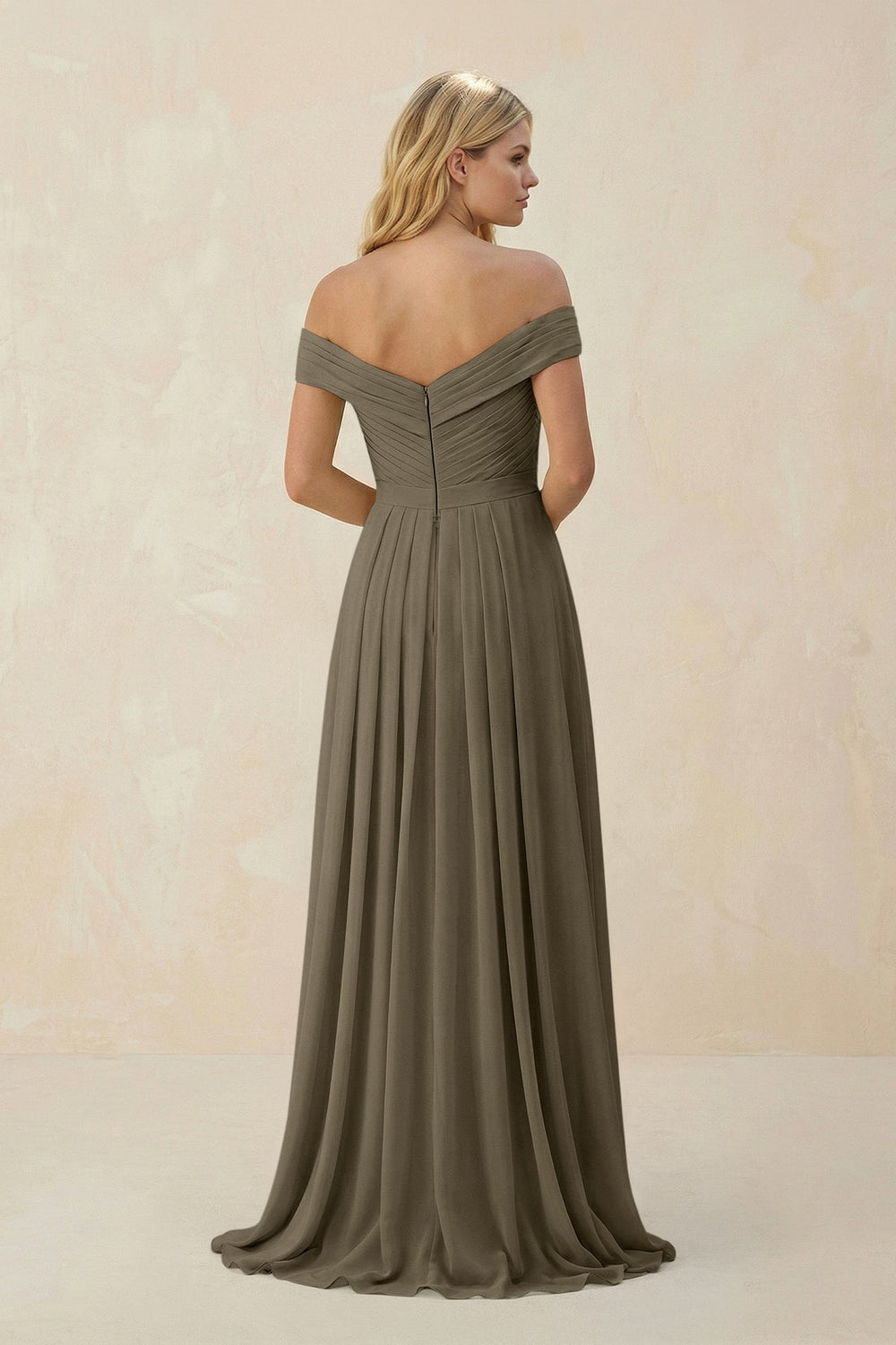 Off - the - Shoulder Pleated A - Line Chiffon Bridesmaid Dress in Willow Green - KissProm Bridesmaid Dresses