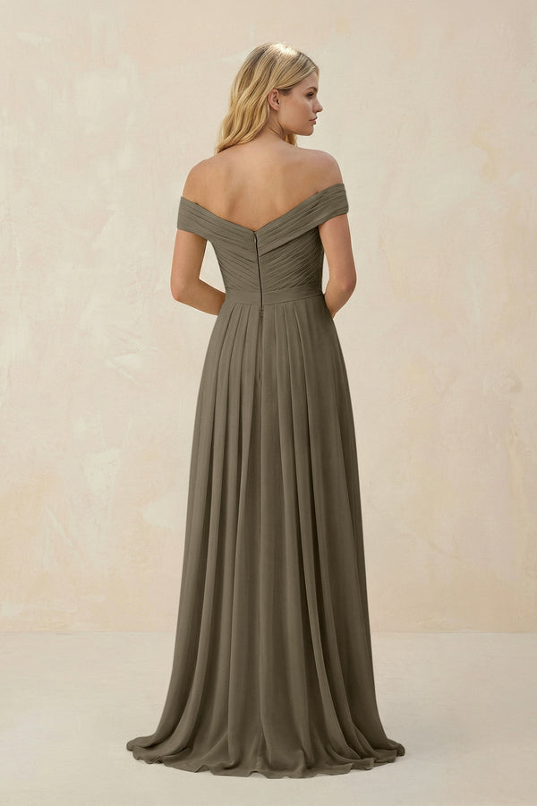 Off - the - Shoulder Pleated A - Line Chiffon Bridesmaid Dress in Willow Green - KissProm Bridesmaid Dresses