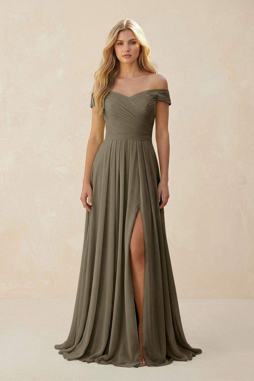 Off - the - Shoulder Pleated A - Line Chiffon Bridesmaid Dress in Willow Green - KissProm Bridesmaid Dresses