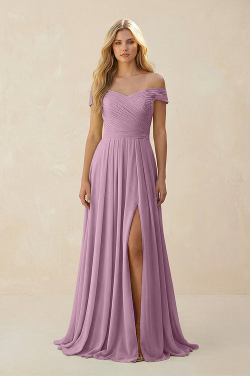 Off - the - Shoulder Pleated A - Line Chiffon Bridesmaid Dress in Wisteria - KissProm Bridesmaid Dresses