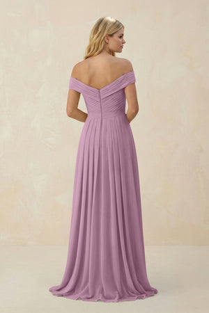 Off - the - Shoulder Pleated A - Line Chiffon Bridesmaid Dress in Wisteria - KissProm Bridesmaid Dresses