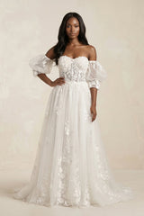 Off - the - Shoulder Puff Sleeves Appliqued Wedding Dress in White - KissProm Wedding Dresses