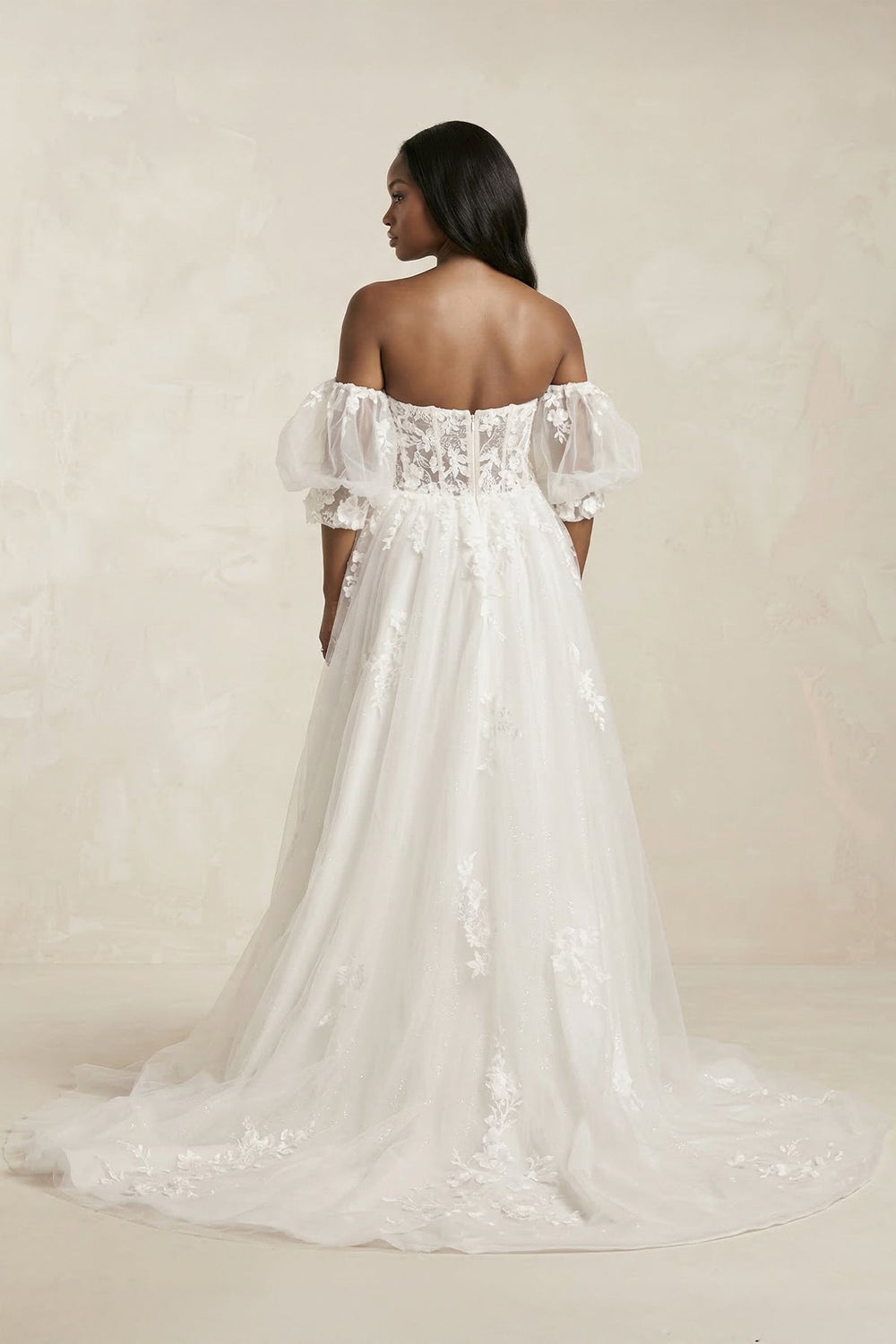 Off - the - Shoulder Puff Sleeves Appliqued Wedding Dress in White - KissProm Wedding Dresses