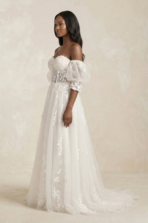 Off - the - Shoulder Puff Sleeves Appliqued Wedding Dress in White - KissProm Wedding Dresses