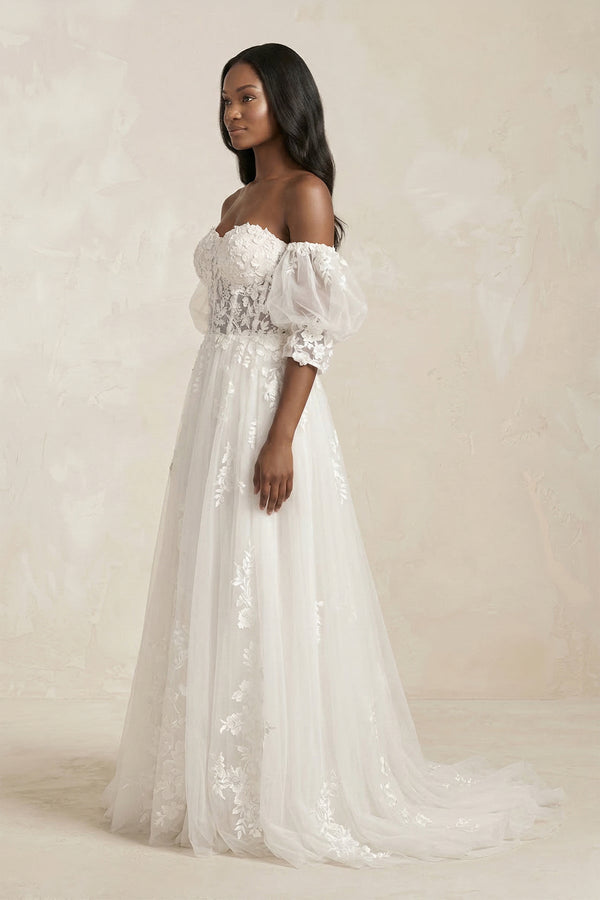 Off - the - Shoulder Puff Sleeves Appliqued Wedding Dress in White - KissProm Wedding Dresses