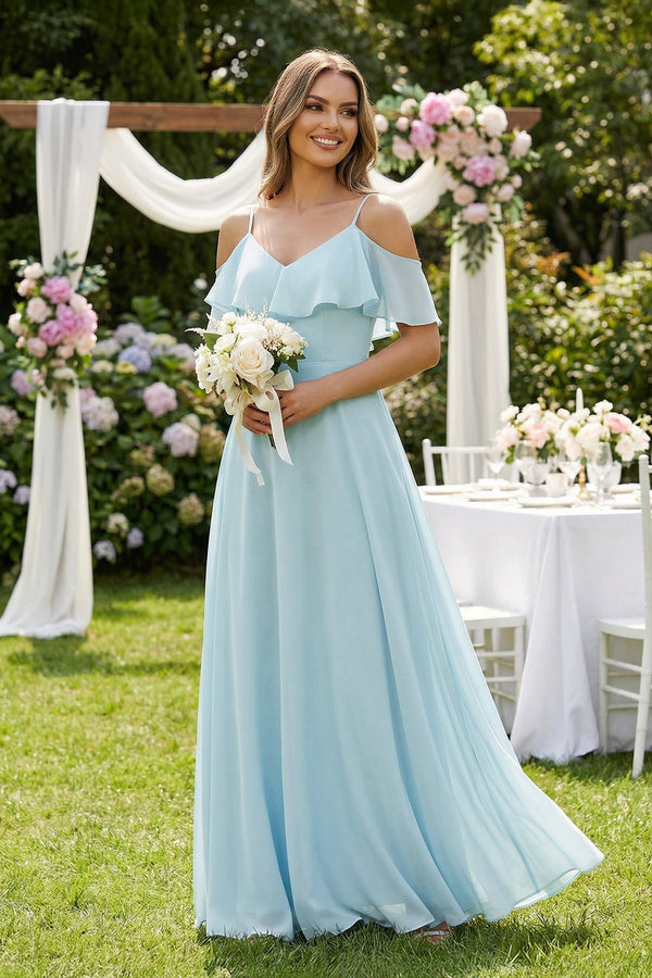 Off - the - Shoulder Ruffled A - Line Chiffon Bridesmaid Dress - KissProm Bridesmaid Dresses