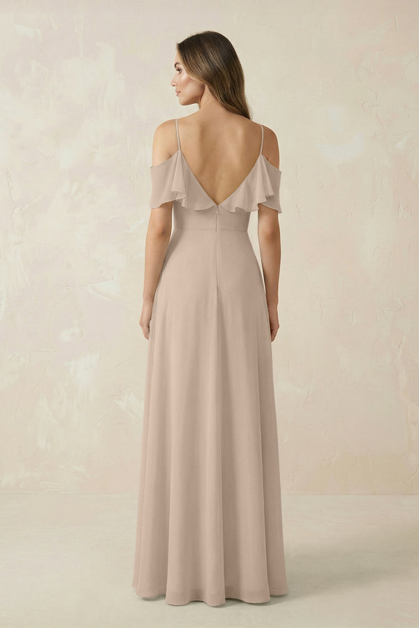 Off - the - Shoulder Ruffled A - Line Chiffon Bridesmaid Dress in Almond - KissProm Bridesmaid Dresses