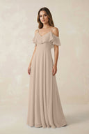 Off - the - Shoulder Ruffled A - Line Chiffon Bridesmaid Dress in Almond - KissProm Bridesmaid Dresses