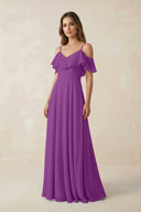 Off - the - Shoulder Ruffled A - Line Chiffon Bridesmaid Dress in Amethyst - KissProm Bridesmaid Dresses