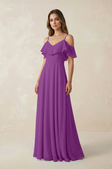 Off - the - Shoulder Ruffled A - Line Chiffon Bridesmaid Dress in Amethyst - KissProm Bridesmaid Dresses