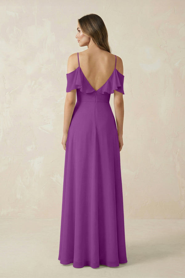 Off - the - Shoulder Ruffled A - Line Chiffon Bridesmaid Dress in Amethyst - KissProm Bridesmaid Dresses