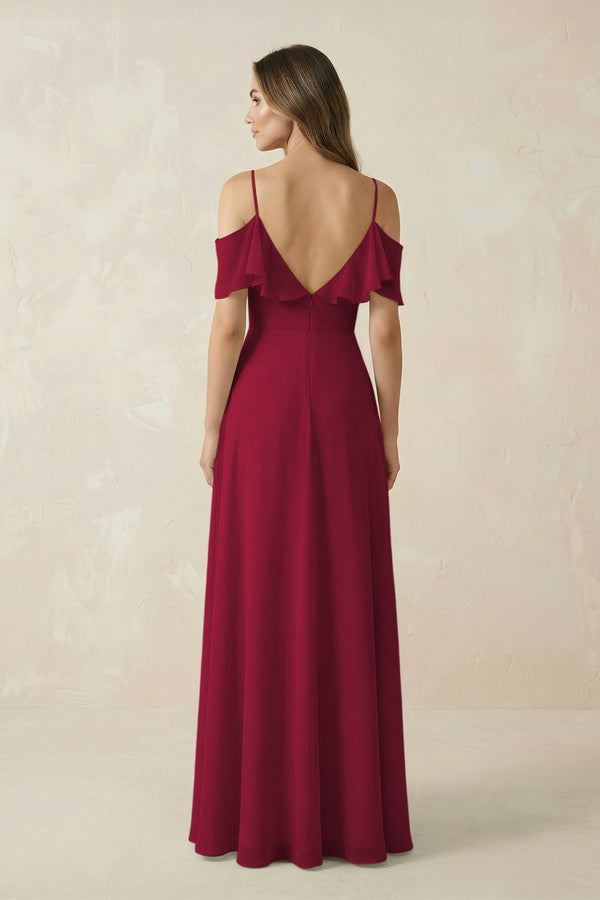 Off - the - Shoulder Ruffled A - Line Chiffon Bridesmaid Dress in Berry - KissProm Bridesmaid Dresses