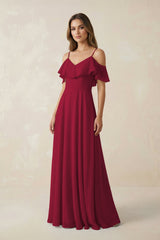 Off - the - Shoulder Ruffled A - Line Chiffon Bridesmaid Dress in Berry - KissProm Bridesmaid Dresses
