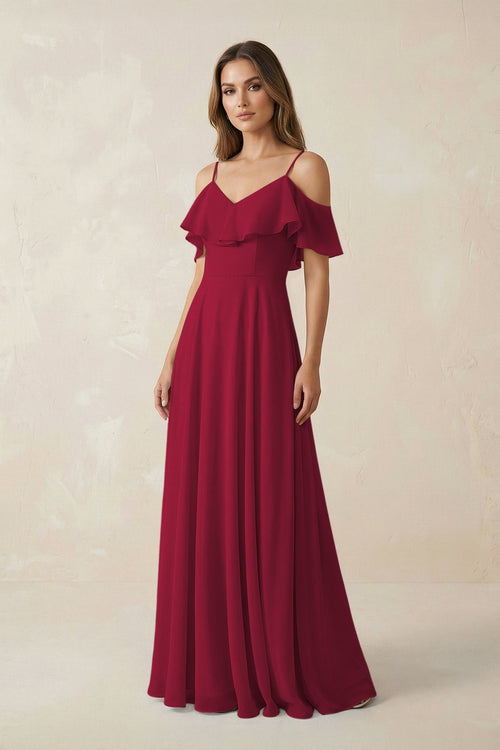 Off - the - Shoulder Ruffled A - Line Chiffon Bridesmaid Dress in Berry - KissProm Bridesmaid Dresses