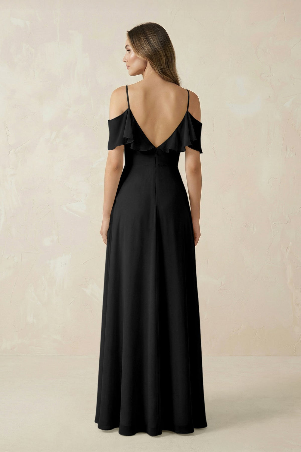 Off - the - Shoulder Ruffled A - Line Chiffon Bridesmaid Dress in Black - KissProm Bridesmaid Dresses
