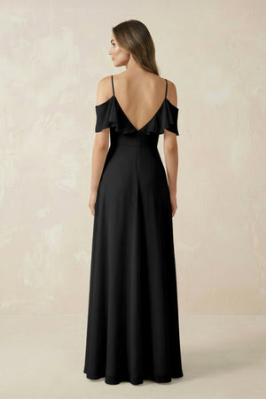 Off - the - Shoulder Ruffled A - Line Chiffon Bridesmaid Dress in Black - KissProm Bridesmaid Dresses