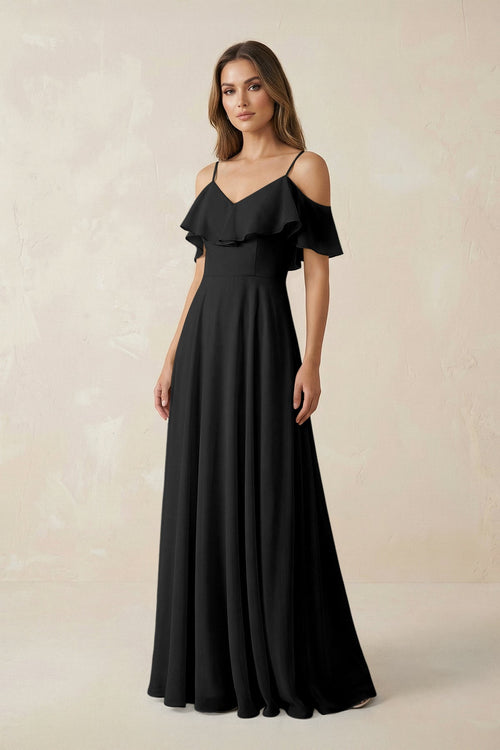 Off - the - Shoulder Ruffled A - Line Chiffon Bridesmaid Dress in Black - KissProm Bridesmaid Dresses