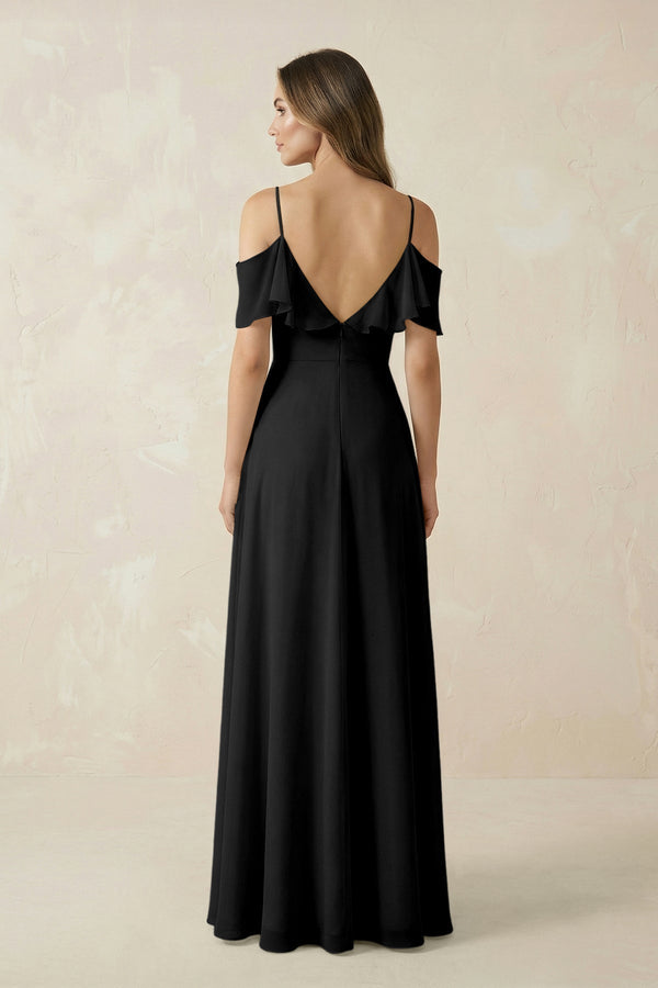 Off - the - Shoulder Ruffled A - Line Chiffon Bridesmaid Dress in Black - KissProm Bridesmaid Dresses