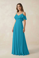 Off - the - Shoulder Ruffled A - Line Chiffon Bridesmaid Dress in Blue Jay - KissProm Bridesmaid Dresses