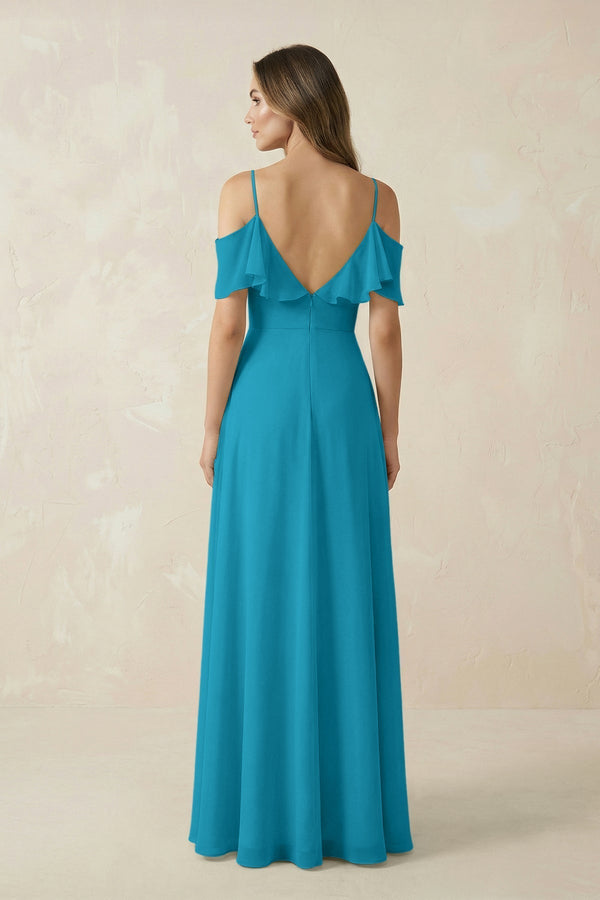 Off - the - Shoulder Ruffled A - Line Chiffon Bridesmaid Dress in Blue Jay - KissProm Bridesmaid Dresses
