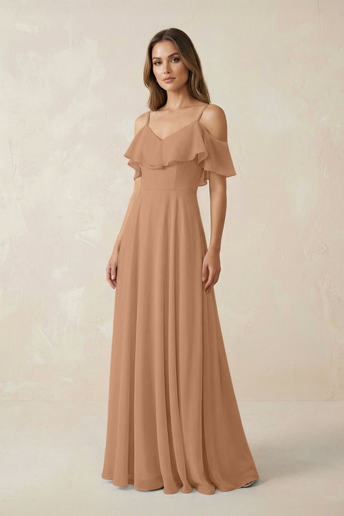 Off - the - Shoulder Ruffled A - Line Chiffon Bridesmaid Dress in Bronzer - KissProm Bridesmaid Dresses