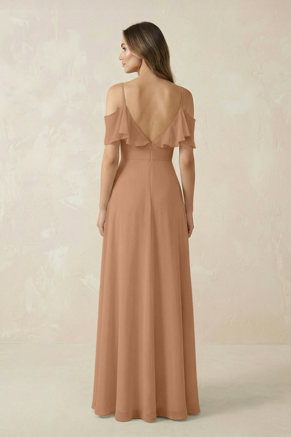 Off - the - Shoulder Ruffled A - Line Chiffon Bridesmaid Dress in Bronzer - KissProm Bridesmaid Dresses
