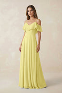 Off - the - Shoulder Ruffled A - Line Chiffon Bridesmaid Dress in Buttercup - KissProm Bridesmaid Dresses