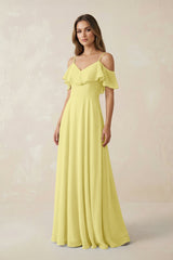 Off - the - Shoulder Ruffled A - Line Chiffon Bridesmaid Dress in Buttercup - KissProm Bridesmaid Dresses