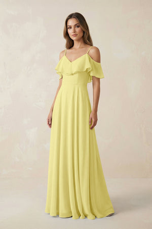 Off - the - Shoulder Ruffled A - Line Chiffon Bridesmaid Dress in Buttercup - KissProm Bridesmaid Dresses