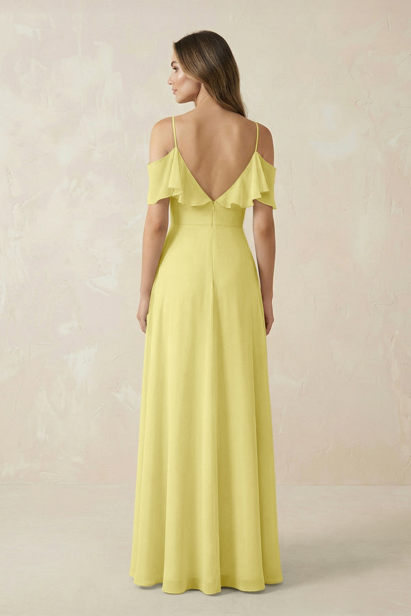 Off - the - Shoulder Ruffled A - Line Chiffon Bridesmaid Dress in Buttercup - KissProm Bridesmaid Dresses