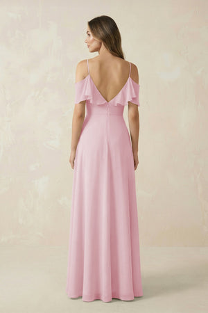 Off - the - Shoulder Ruffled A - Line Chiffon Bridesmaid Dress in Candy Pink - KissProm Bridesmaid Dresses