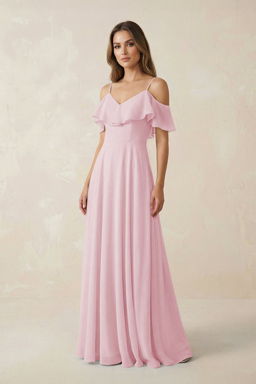Off - the - Shoulder Ruffled A - Line Chiffon Bridesmaid Dress in Candy Pink - KissProm Bridesmaid Dresses