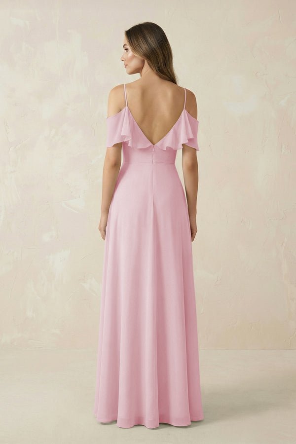 Off - the - Shoulder Ruffled A - Line Chiffon Bridesmaid Dress in Candy Pink - KissProm Bridesmaid Dresses