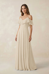 Off - the - Shoulder Ruffled A - Line Chiffon Bridesmaid Dress in Champagne - KissProm Bridesmaid Dresses