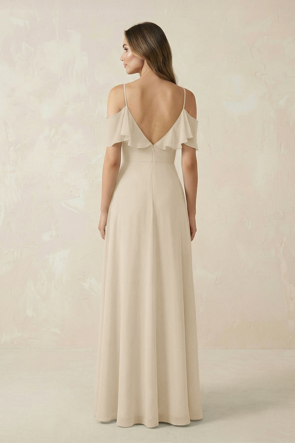 Off - the - Shoulder Ruffled A - Line Chiffon Bridesmaid Dress in Champagne - KissProm Bridesmaid Dresses