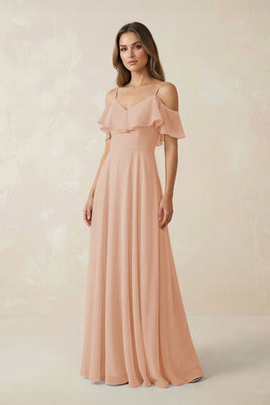 Off - the - Shoulder Ruffled A - Line Chiffon Bridesmaid Dress in Champagne Rose - KissProm Bridesmaid Dresses