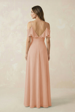 Off - the - Shoulder Ruffled A - Line Chiffon Bridesmaid Dress in Champagne Rose - KissProm Bridesmaid Dresses