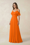 Off - the - Shoulder Ruffled A - Line Chiffon Bridesmaid Dress in Cinnamon - KissProm Bridesmaid Dresses